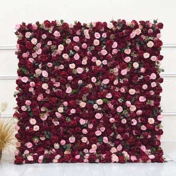 Beda Flower 5D Burgundy Rose Hydrangea Pink Rose Roll Up Silk Flower Wall Panel Wedding Event Backdrop Decor