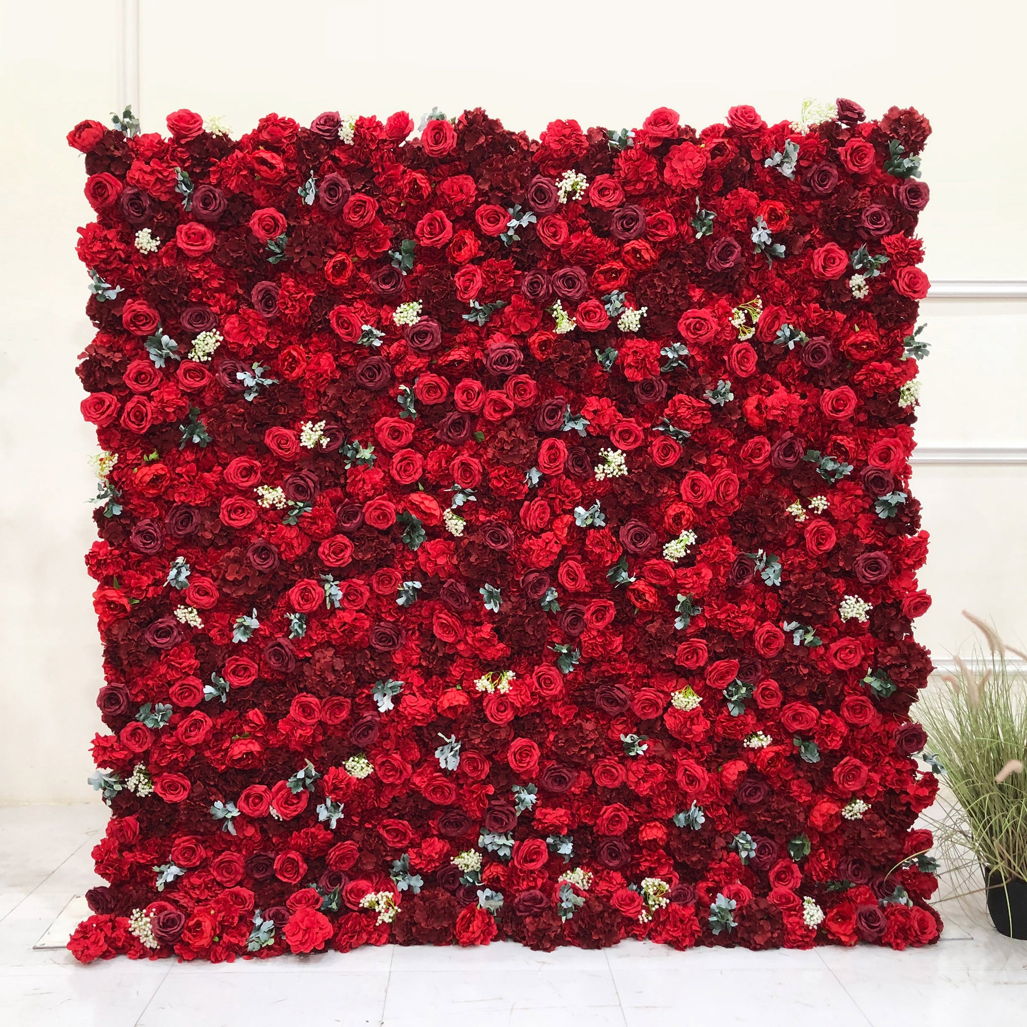 Beda Flower 5D Red Burgundy Rose Hydrangea White Little Flower Roll Up Silk Flower Wall Panel Wedding Event Backdrop Decor