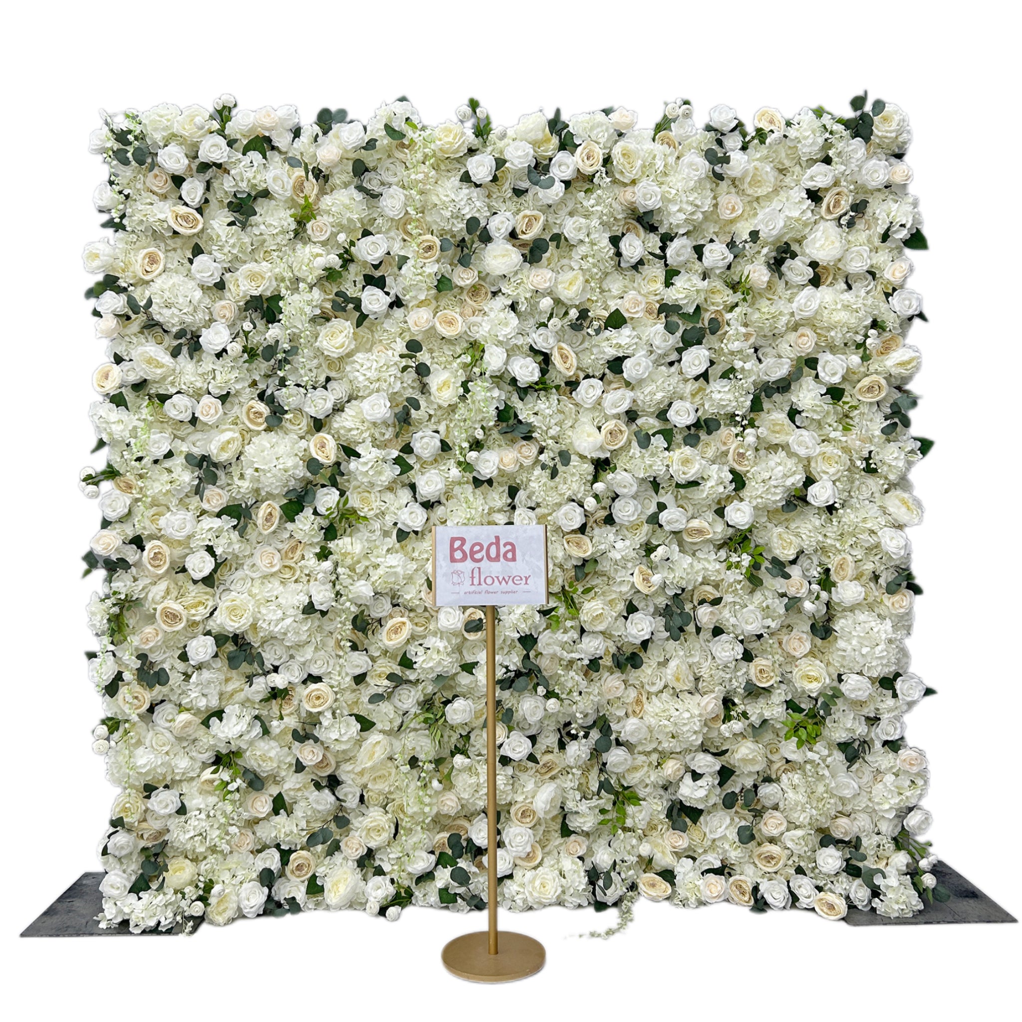 Beda Flower 3D White Ivory Rose Hydrangeas Greenery Roll Up Silk Flower Wall Panel Wedding Event Backdrop Decor