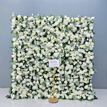 Beda Flower 5D White Champagne Ivory Rose Tulip Greenery Roll Up Silk Flower Wall Panel Wedding Event Backdrop Decor