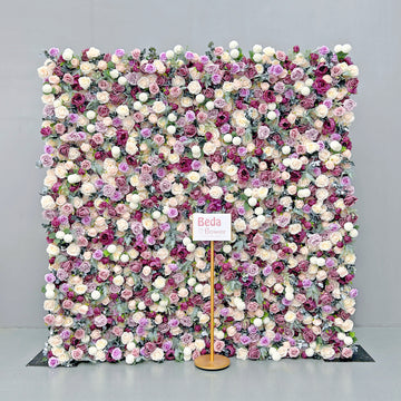 Beda Flower 5D Purple Ivory Rose Chamomile Roll Up Silk Flower Wall Panel Wedding Event Backdrop Decor