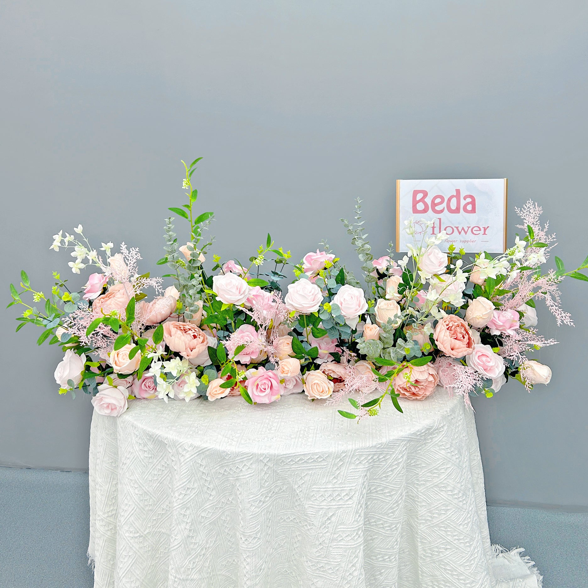 Beda Flower Pink Orange Rose Greenery Floral Row Table Runner Wedding Decor