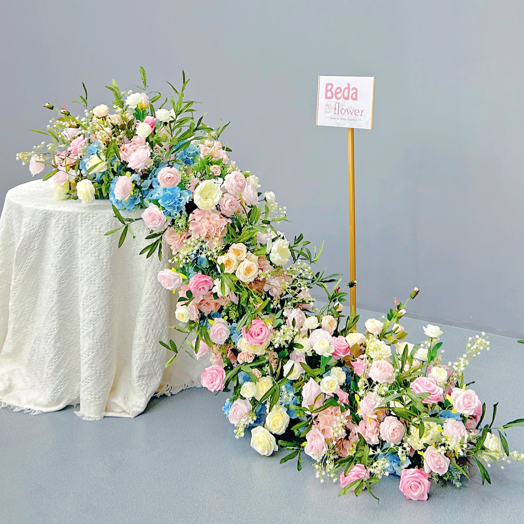 Beda Flower Pink Yellow Rose Hydrangeas Greenery Floral Row Table Runner Wedding Decor