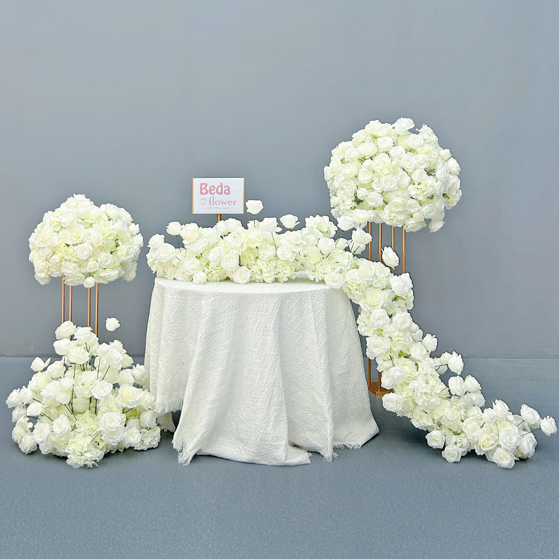 Beda Flower Beige Rose Hydrangeas Floral Row Table Runner Wedding Decor