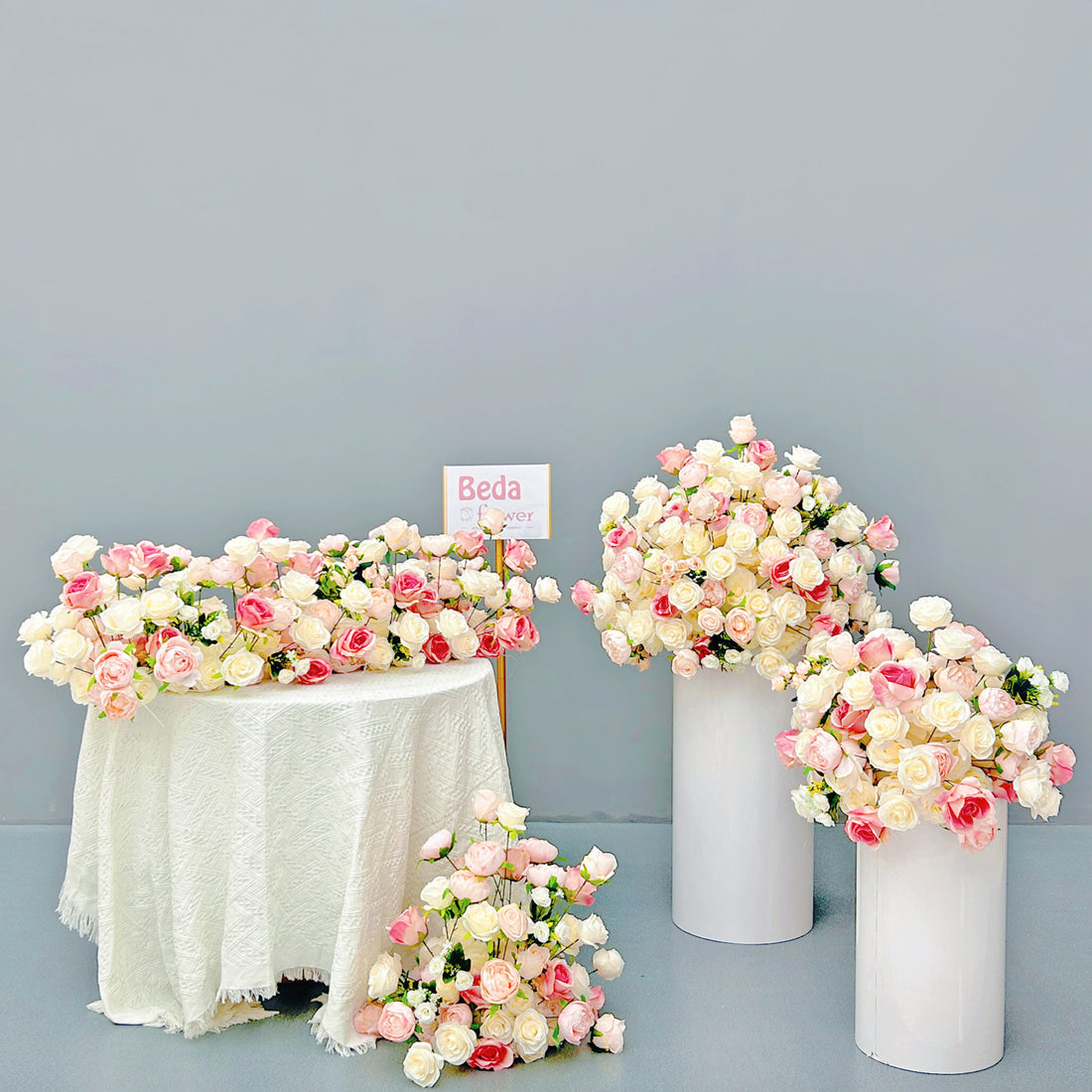 Beda Flower Pink Beige Rose Hydrangeas Floral Row Table Runner Wedding Decor