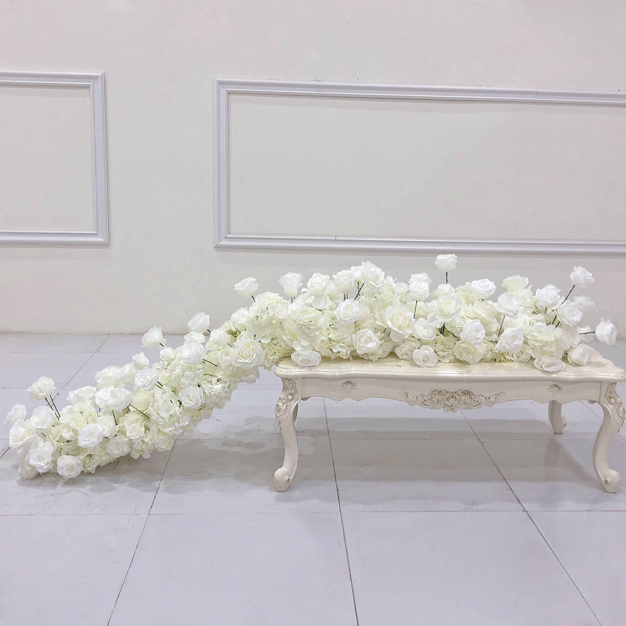 Beda Flower White Rose Hydrangeas Floral Row Table Runner Wedding Decor