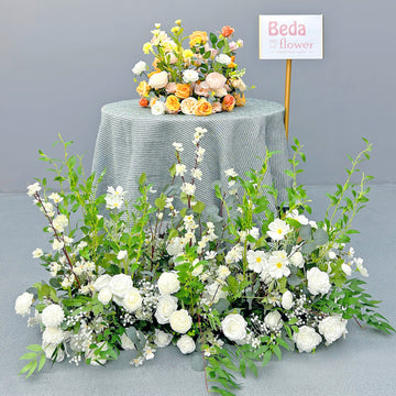 Beda Flower White Rose Chrysanthemum Baby Breath Greenery Floral Row Table Runner Wedding Decor