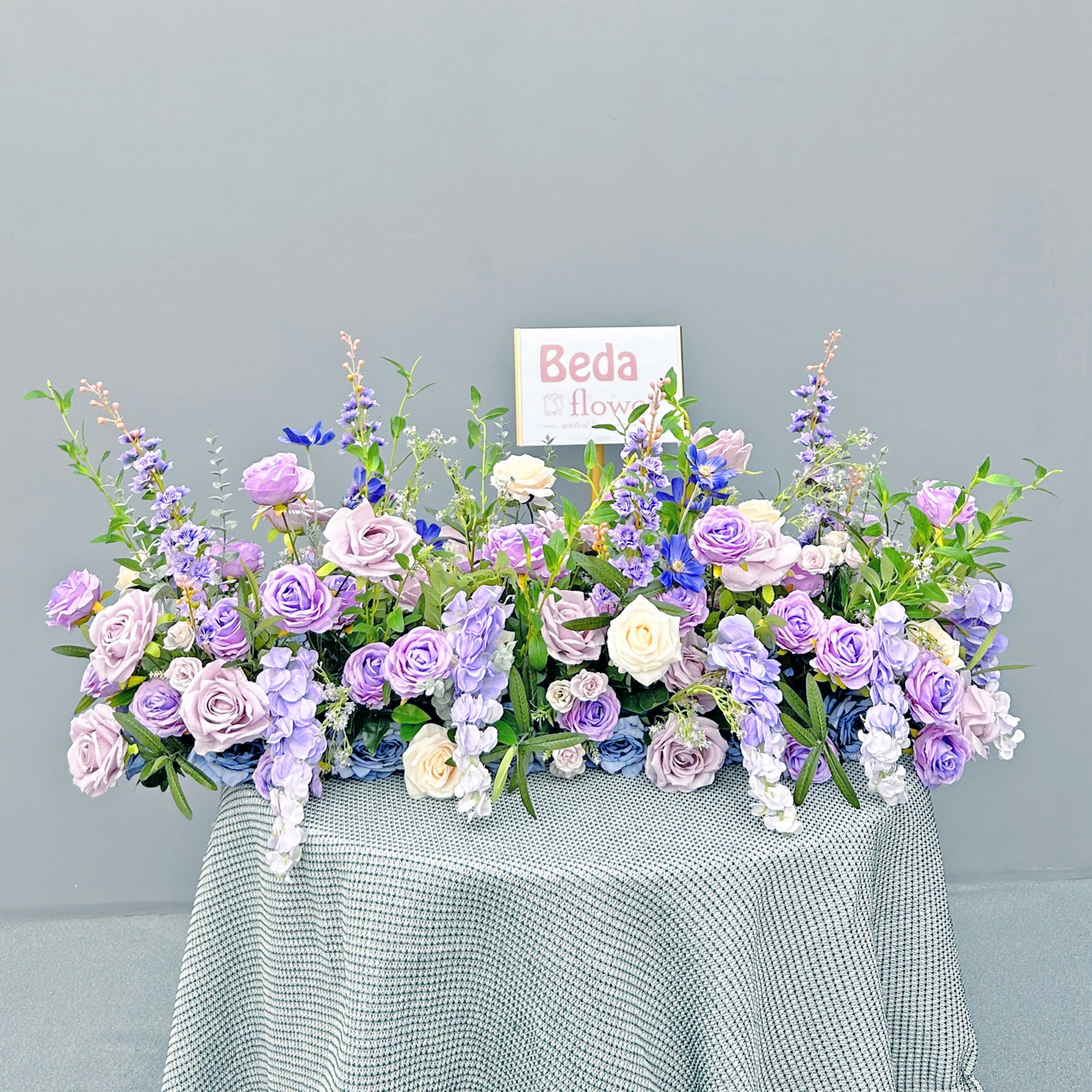 Beda Flower Purple Beige Rose Delphinium Greenery Floral Row Table Runner Wedding Decor