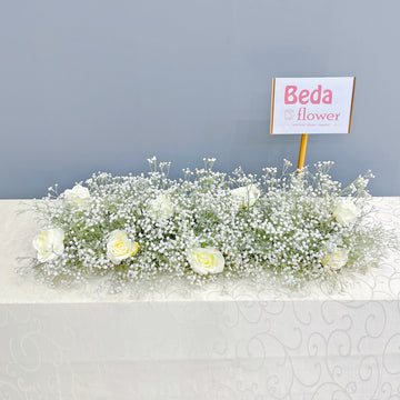 Beda Flower Beige Rose Baby Breath Floral Row Table Runner Wedding Decor