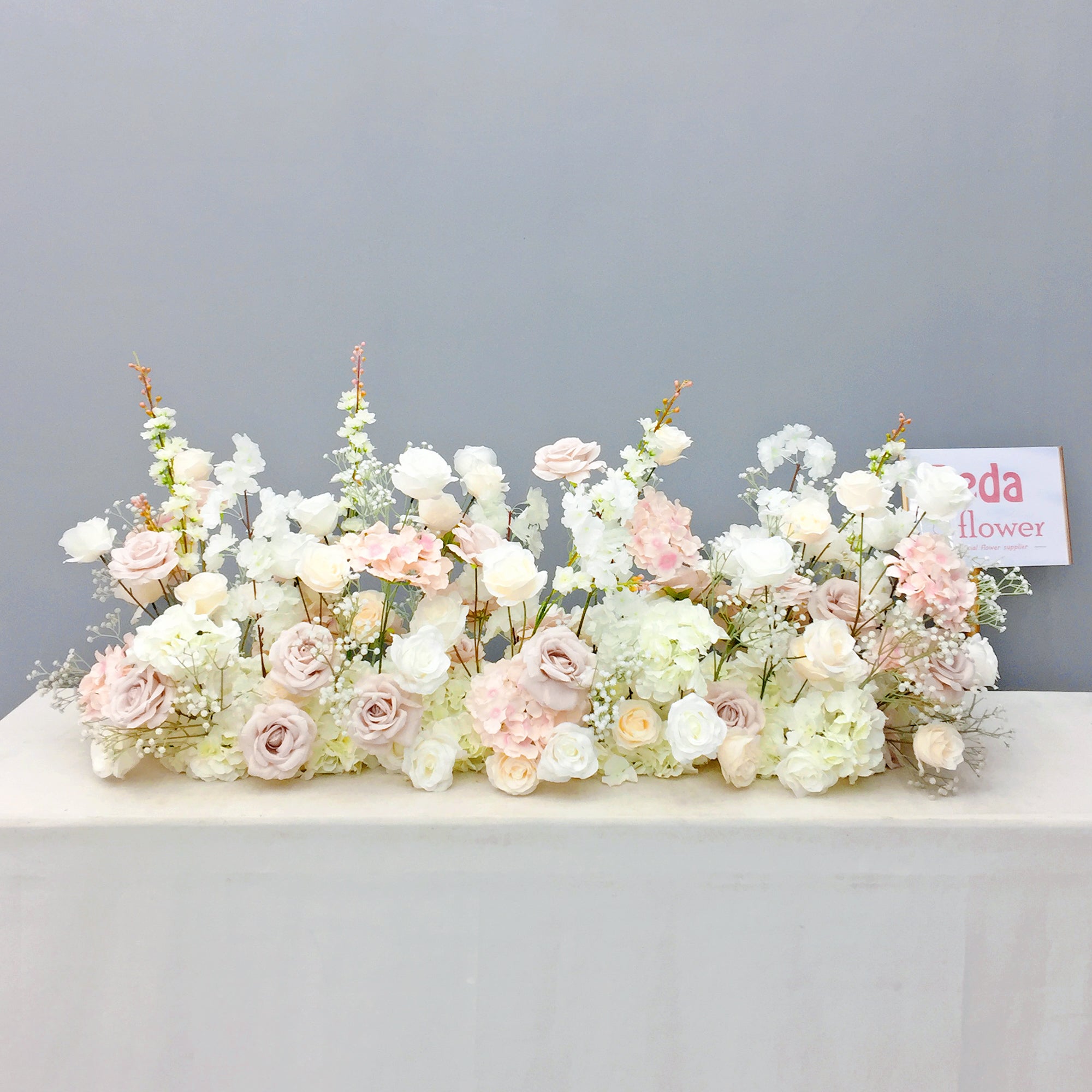 Beda Flower White Coffee Rose Pink Beige Hydrangeas Delphinium Floral Row Table Runner Wedding Decor