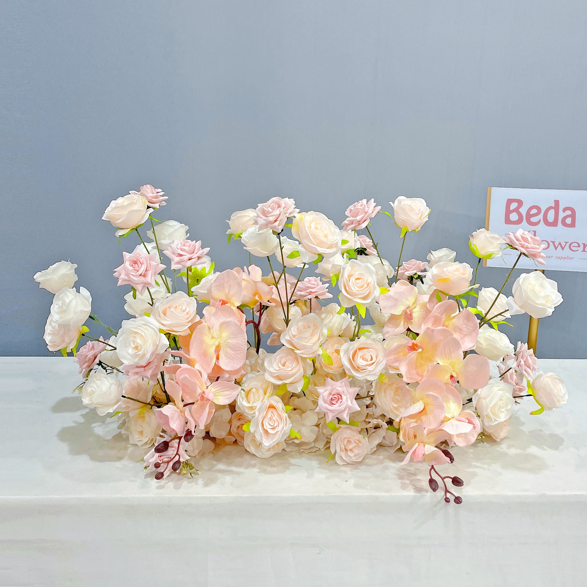 Beda Flower White Pink-Gold Pink Rose Butterfly Orchid Floral Row Table Runner Wedding Decor