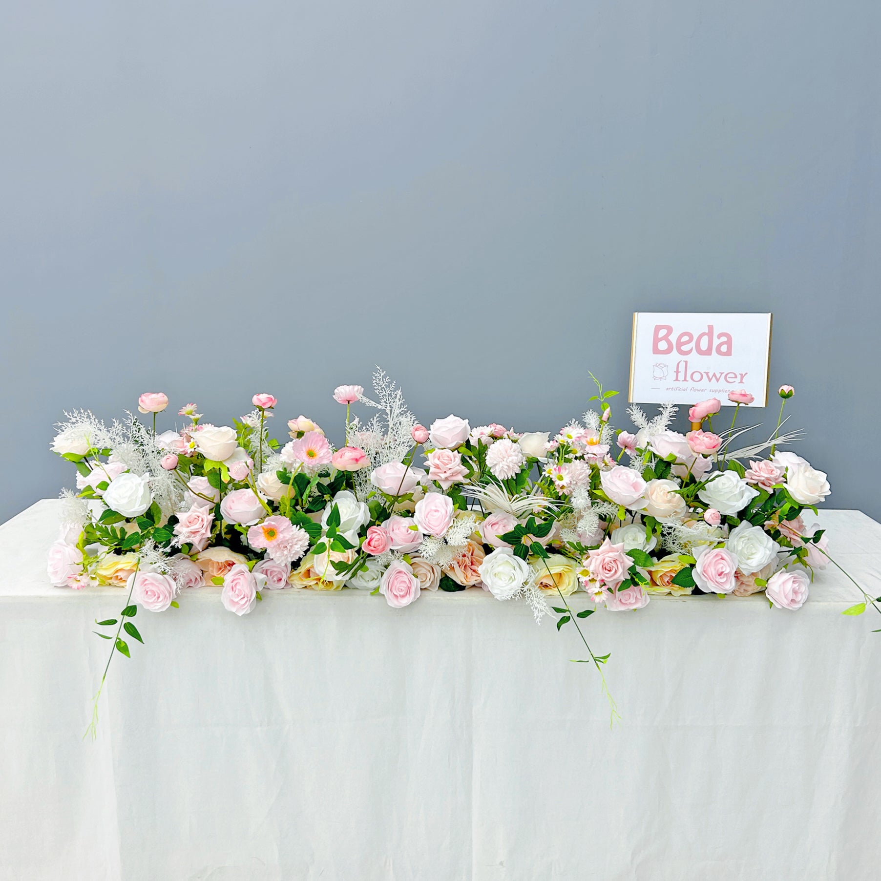 Beda Flower Pink White Chrysanthemum Rose Greenery Floral Row Table Runner Wedding Decor