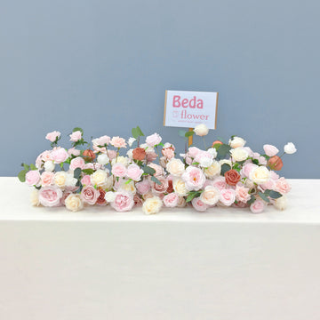 Beda Flower Pink Beige Coffe Rose Floral Row Table Runner Wedding Decor