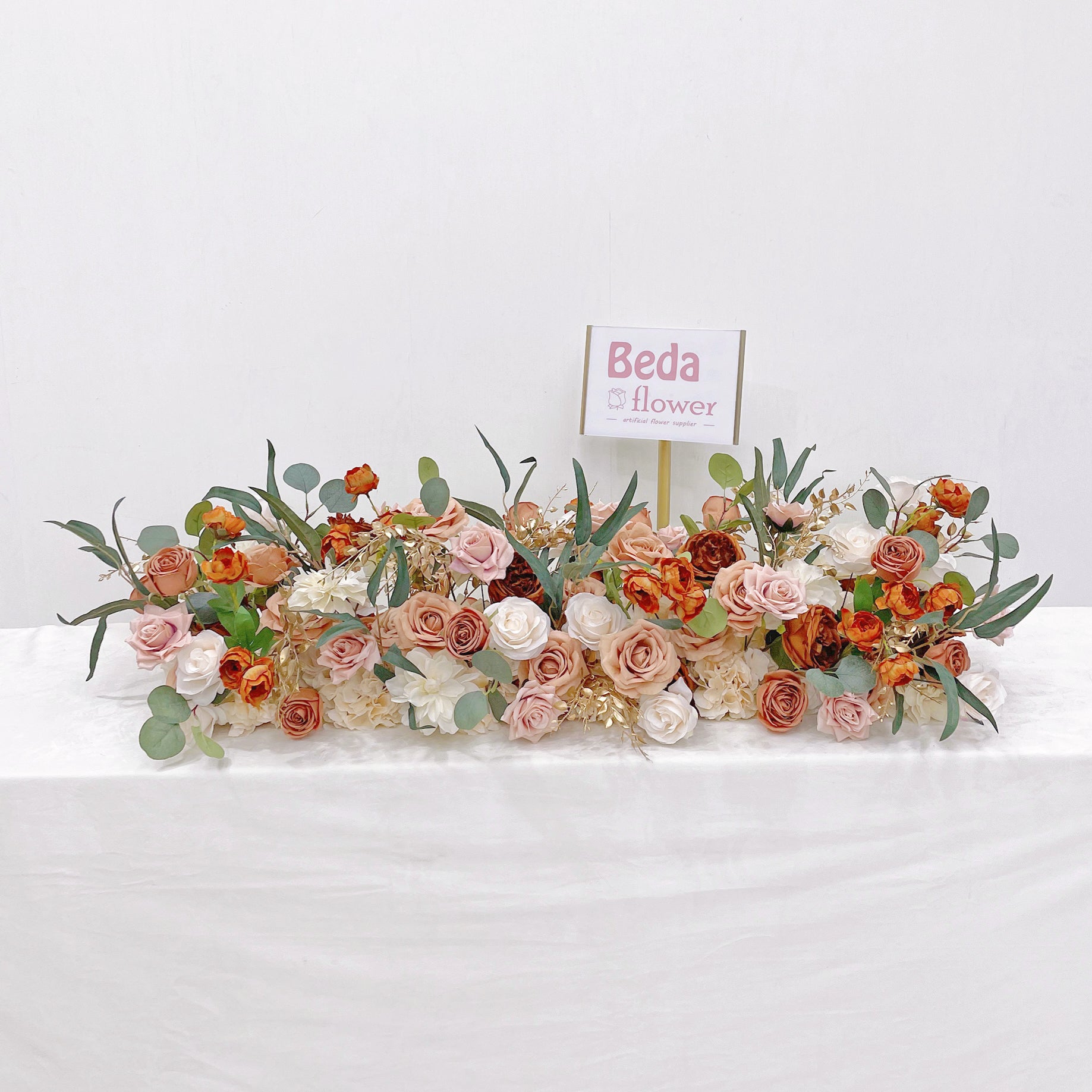 Beda Flower White Orange Coffe Rose Greenery Gold Leaves Floral Row Table Runner Wedding Decor