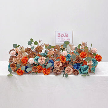 Beda Flower Blue Orange Rose Pink Chrysanthemum Chocolate Rose Leaves Floral Row Table Runner Wedding Decor