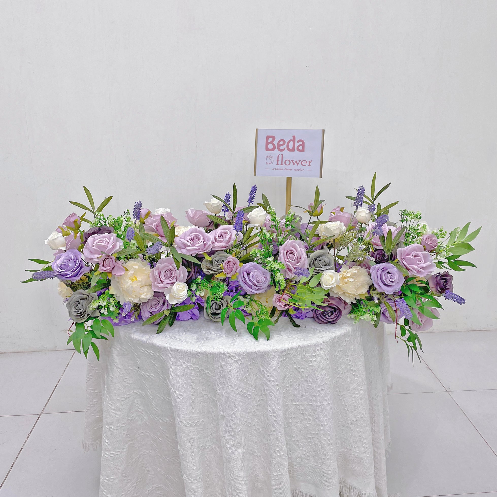 Beda Flower Purple Rose Greenery Floral Row Table Runner Wedding Decor