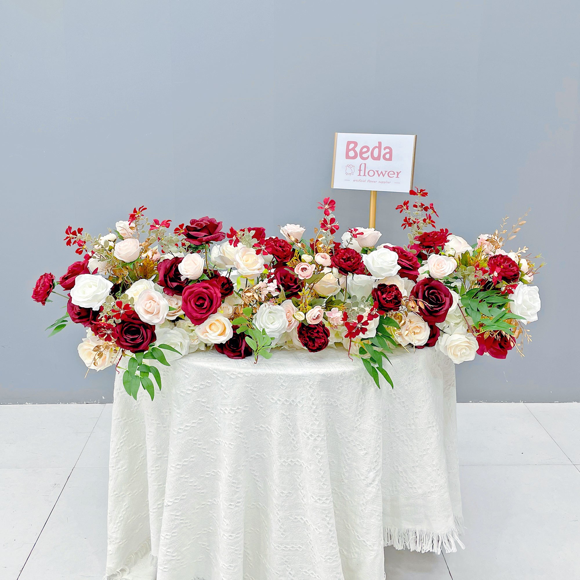 Beda Flower Pink White Red Rose Red Gold Green Leaves Floral Row Table Runner Wedding Decor