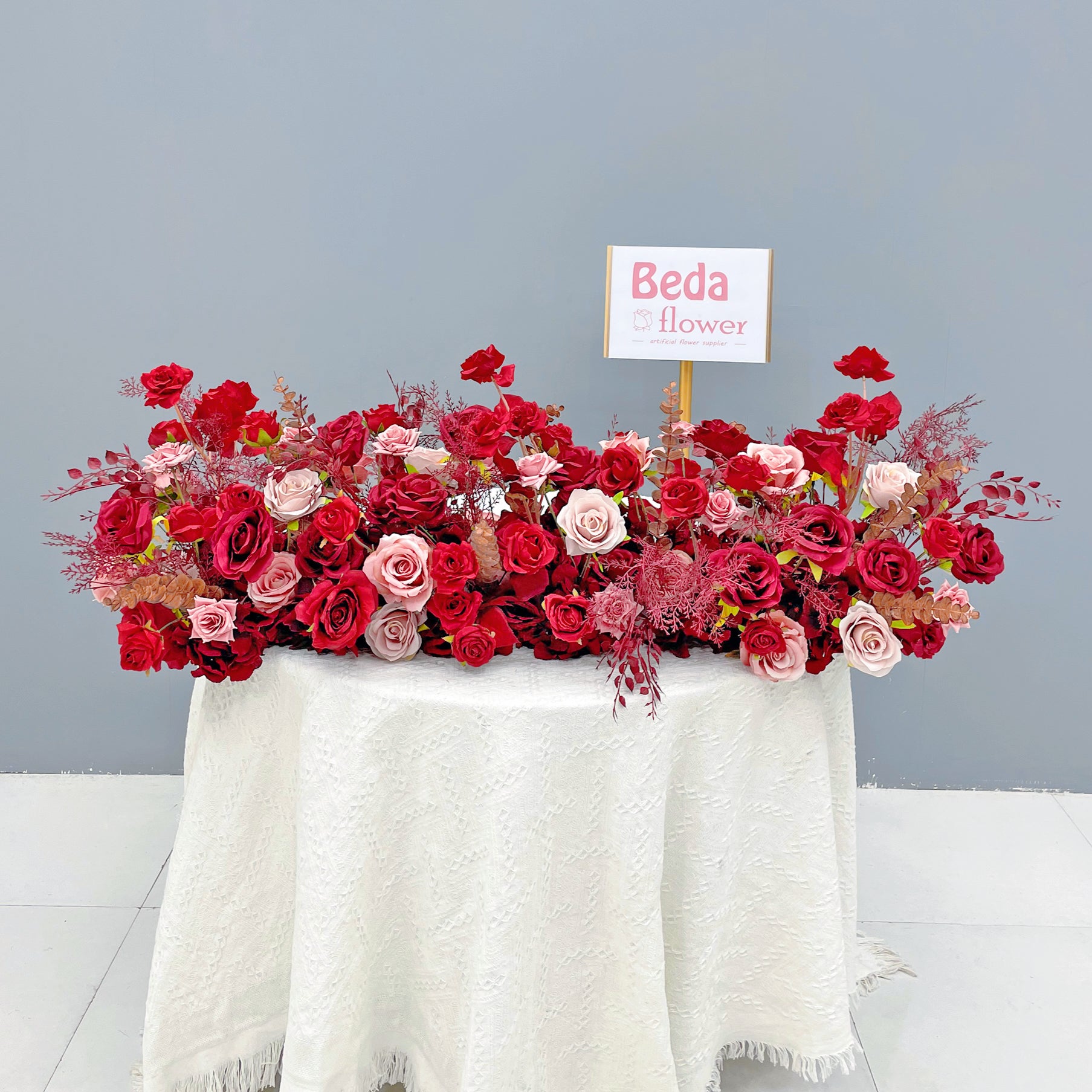 Beda Flower Pink Red Rose Leaves Floral Row Table Runner Wedding Decor