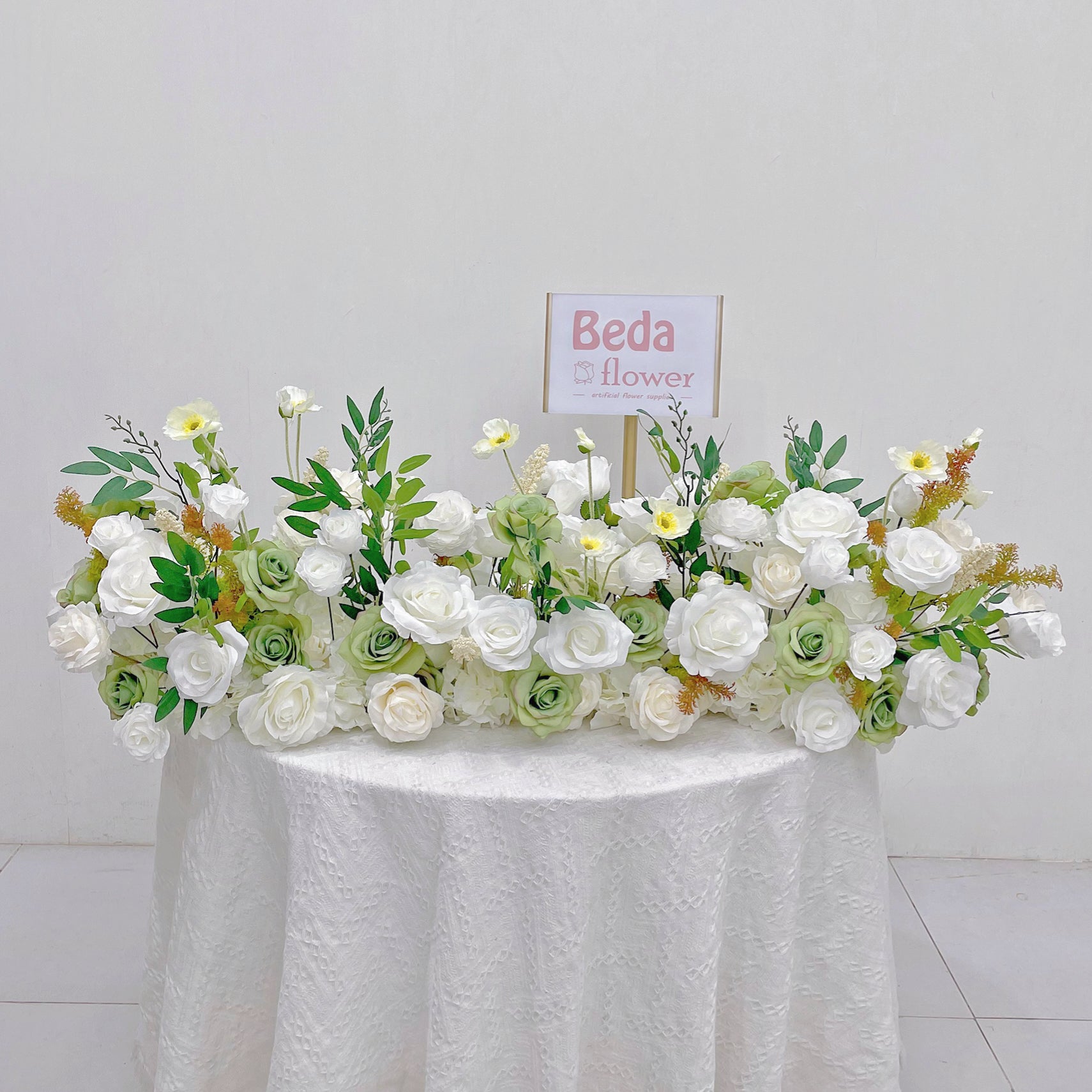 Beda Flower Green White Rose Greenery Floral Row Table Runner Wedding Decor