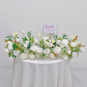 Beda Flower Green White Rose Greenery Floral Row Table Runner Wedding Decor