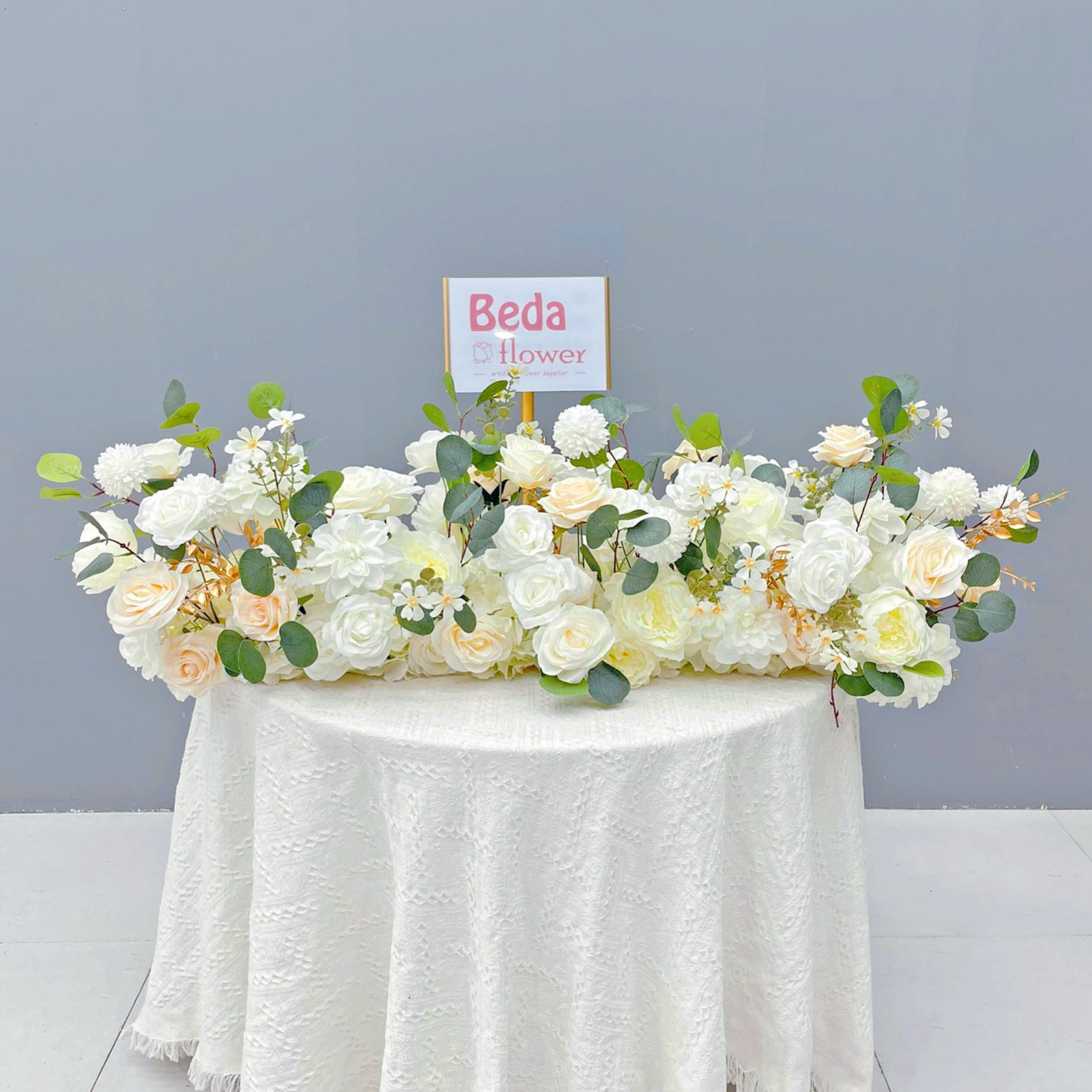 Beda Flower White Champagne Rose Chrysanthemum Leaves Floral Row Table Runner Wedding Decor