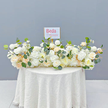 Beda Flower White Champagne Rose Chrysanthemum Leaves Floral Row Table Runner Wedding Decor