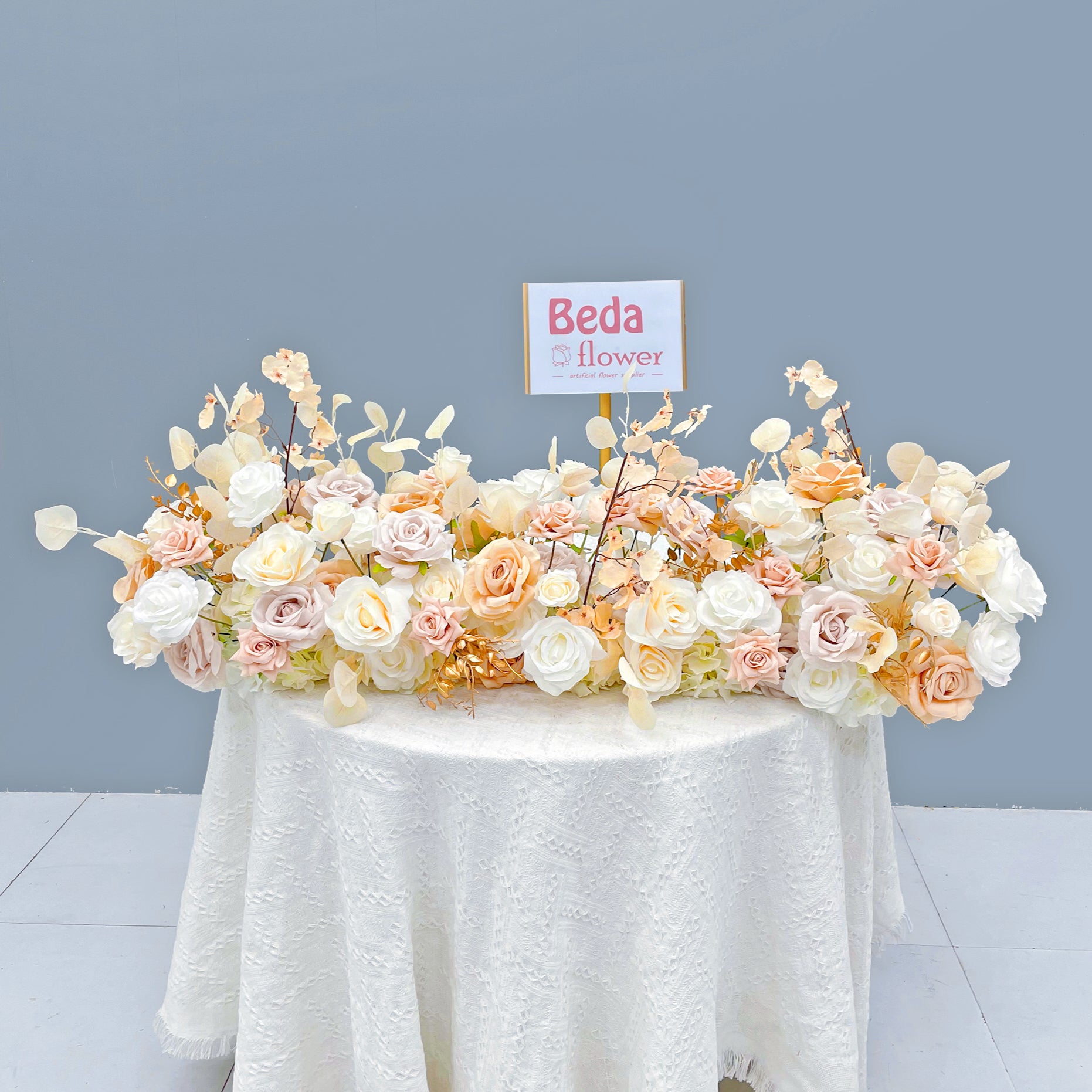 Beda Flower White Orange Rose Cappuccino Champagne Leaves Floral Row Table Runner Wedding Decor