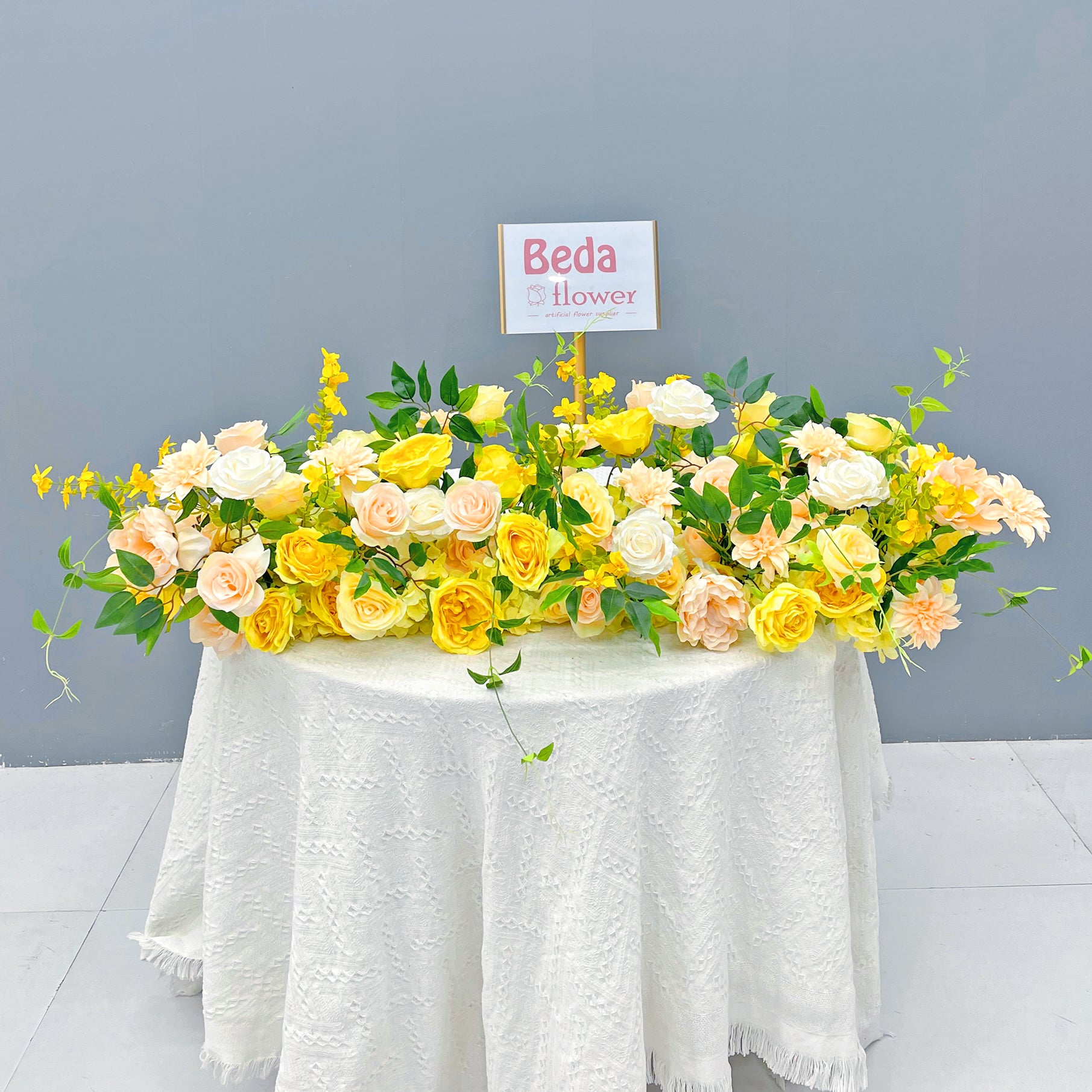 Beda Flower Yello White Rose Peony Greenery Floral Row Table Runner Wedding Decor