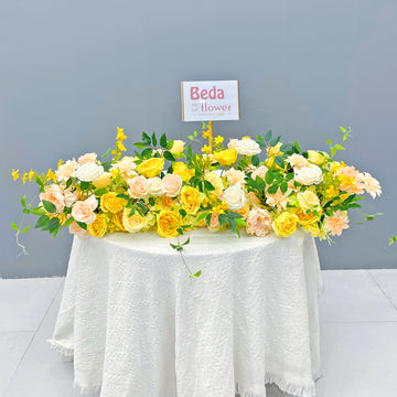 Beda Flower Yello White Rose Peony Greenery Floral Row Table Runner Wedding Decor