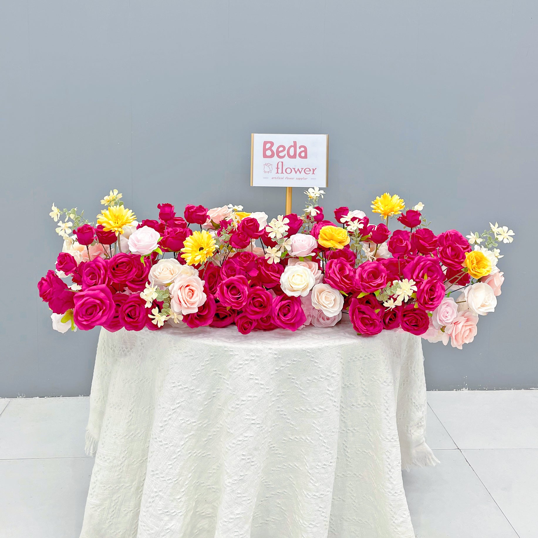 Beda Flower Red Pink White Rose Yellow Chrysanthemum Floral Row Table Runner Wedding Decor