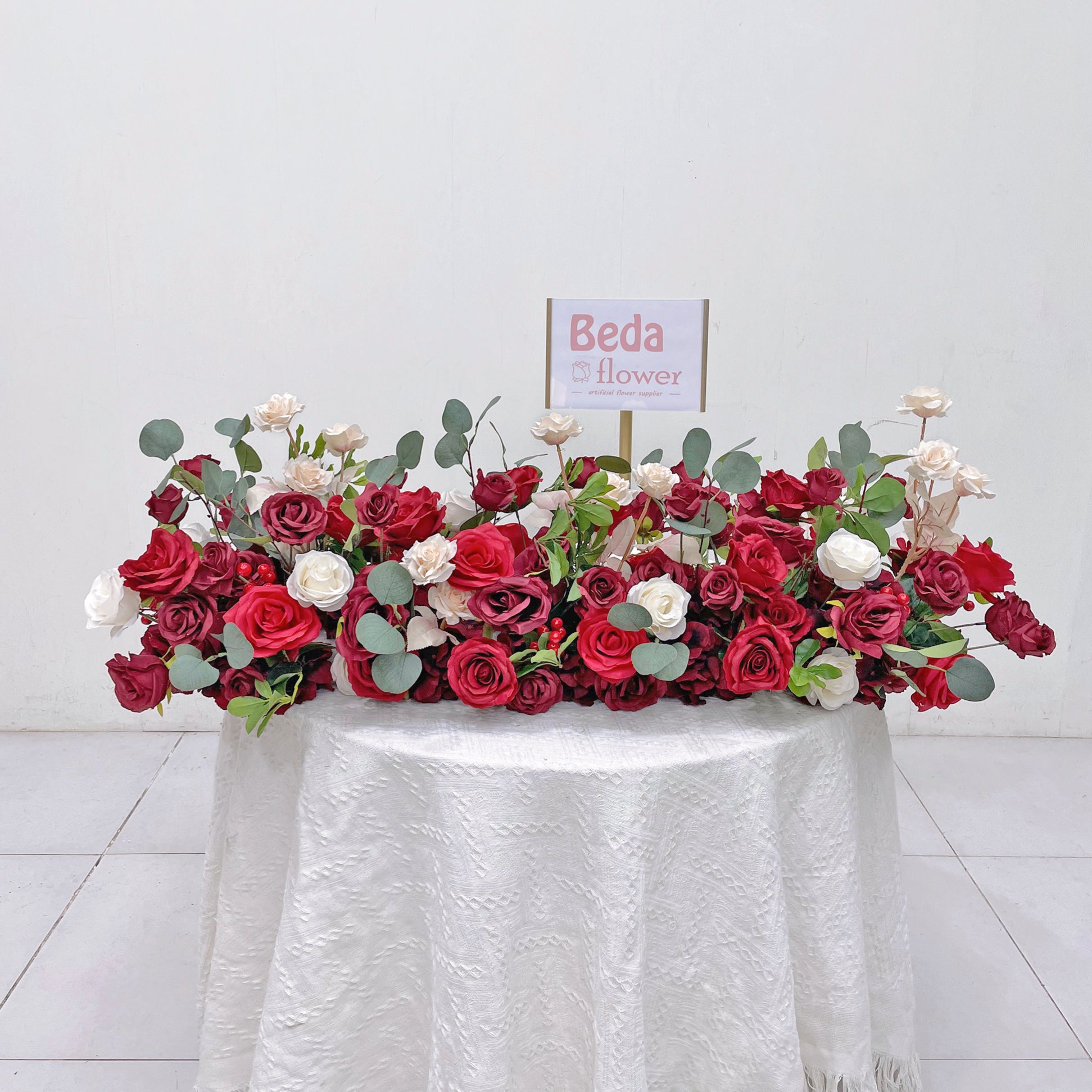 Beda Flower Red White Rose Greenery Floral Row Table Runner Wedding Decor