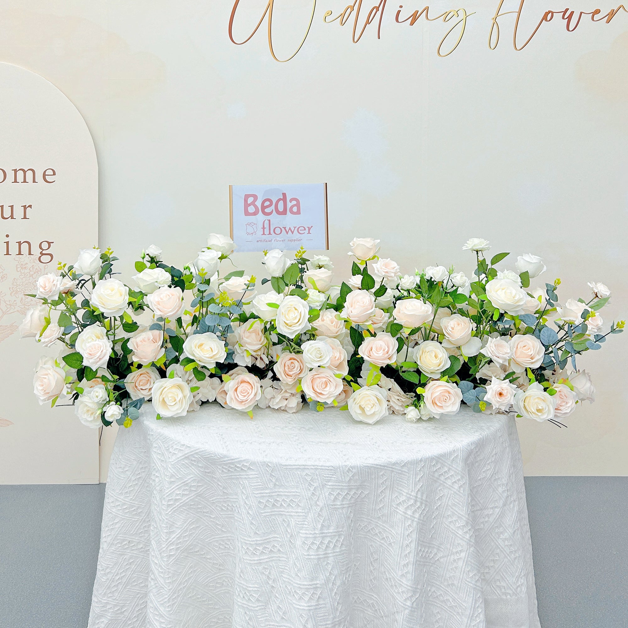 Beda Flower White Pink-Gold Rose Hydrangeas Greenery Floral Row Table Runner Wedding Decor