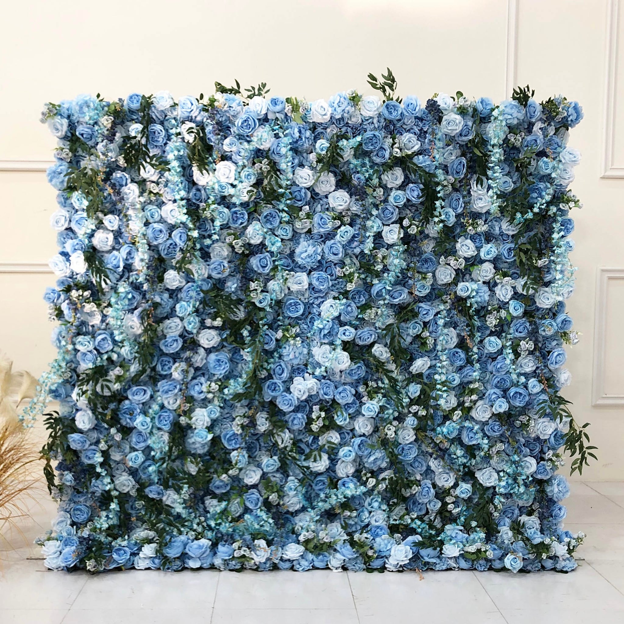 Beda Flower 7D Blue Rose Hydrangeas Greenery Roll Up Silk Flower Wall Panel Wedding Event Backdrop Decor