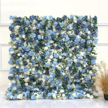 Beda Flower 5D White Rose Blue White Hydrangeas Greenery Roll Up Silk Flower Wall Panel Wedding Event Backdrop Decor