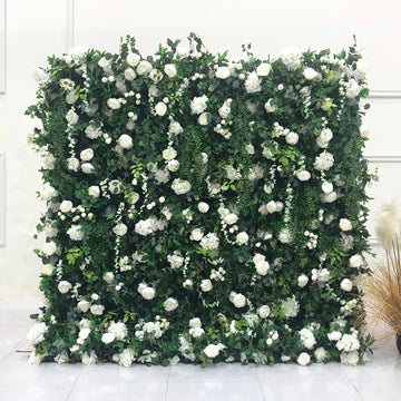 Beda Flower 5D White Rose Hydrangeas Greenery Roll Up Silk Flower Wall Panel Wedding Event Backdrop Decor