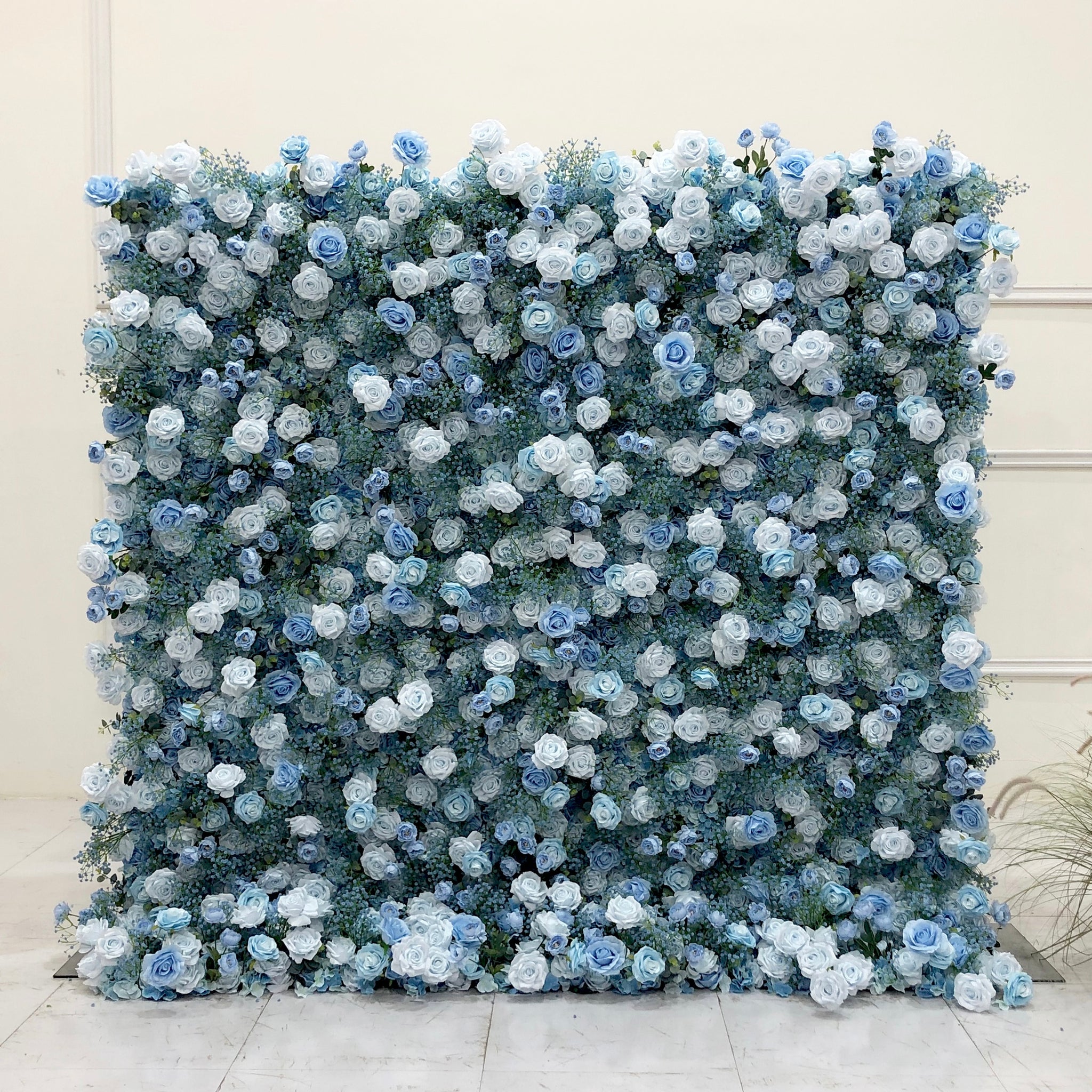 Beda Flower 7D Blue Rose Baby Breath Roll Up Silk Flower Wall Panel Wedding Event Backdrop Decor