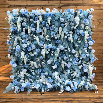 Beda Flower 7D Blue Rose Leaves White Wisteria Roll Up Silk Flower Wall Panel Wedding Event Backdrop Decor