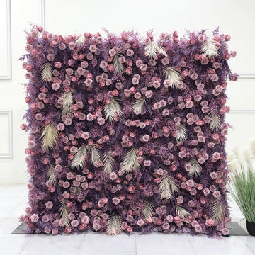 Beda Flower 7D Grayish-Pink Rose Purple White Leaves Roll Up Silk Flower Wall Panel Wedding Event Backdrop Decor