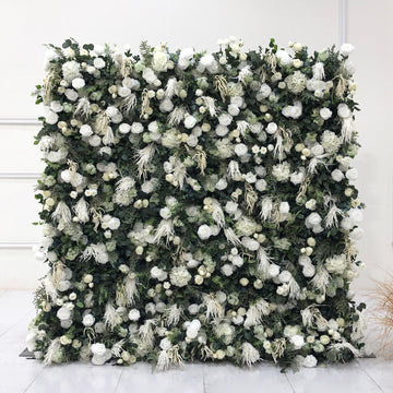 Beda Flower 5D White Rose Hydrangeas Leaves Greenery Roll Up Silk Flower Wall Panel Wedding Event Backdrop Decor