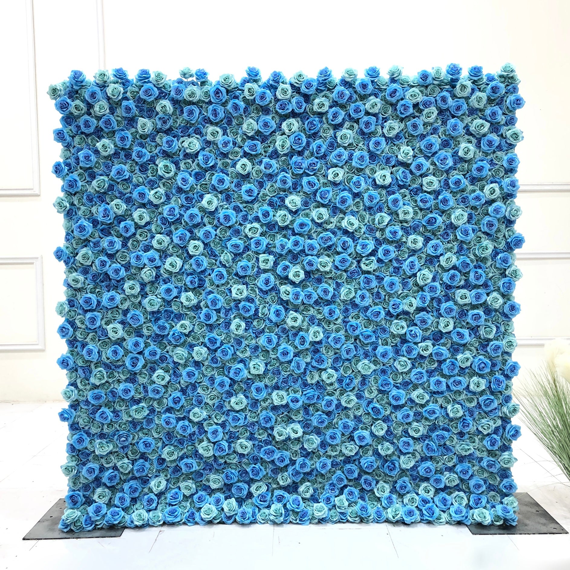 Beda Flower 3D Blue Blue-Green Rose Roll Up Silk Flower Wall Panel Wedding Event Backdrop Decor