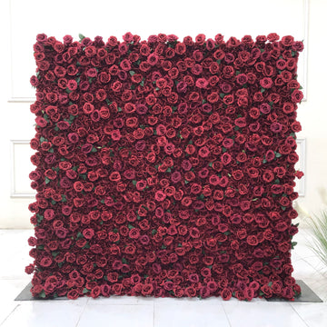 Beda Flower 5D Burgundy Rose Greenery Roll Up Silk Flower Wall Panel Wedding Event Backdrop Decor