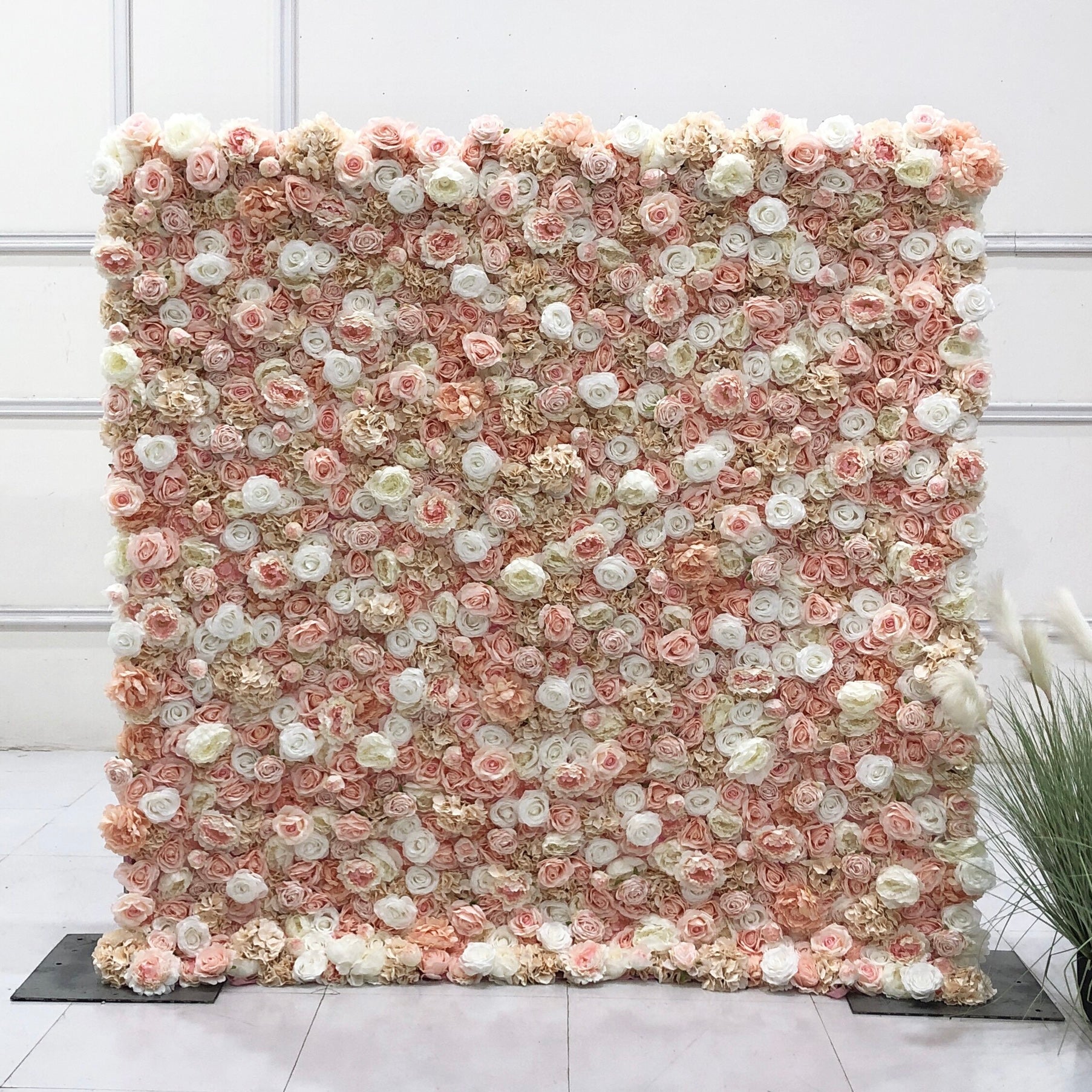 Beda Flower 3D Light Pink Cream White Rose Peony Roll Up Silk Flower Wall Panel Wedding Event Backdrop Decor