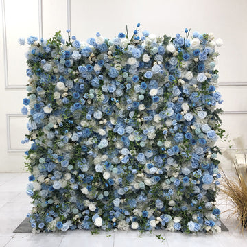 Beda Flower Luxury 7D Blue White Rose Blue Lotus Hydrangeas Chrysanthemum Greenery Roll Up Silk Flower Wall Panel Wedding Event Backdrop Decor