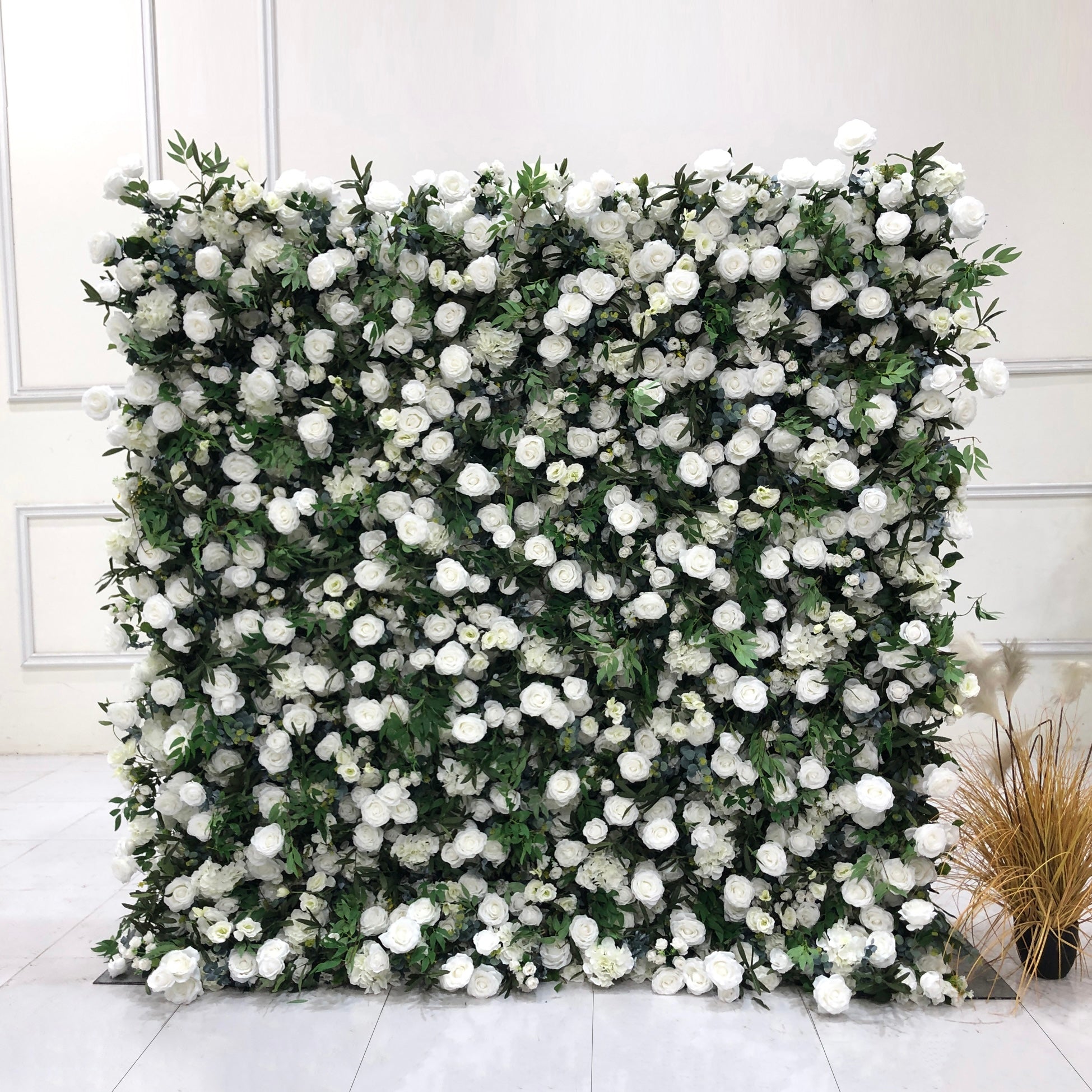 Beda Flower 5D Pure White Rose Hydrangeas Greenery Roll Up Silk Flower Wall Panel Wedding Event Backdrop Decor