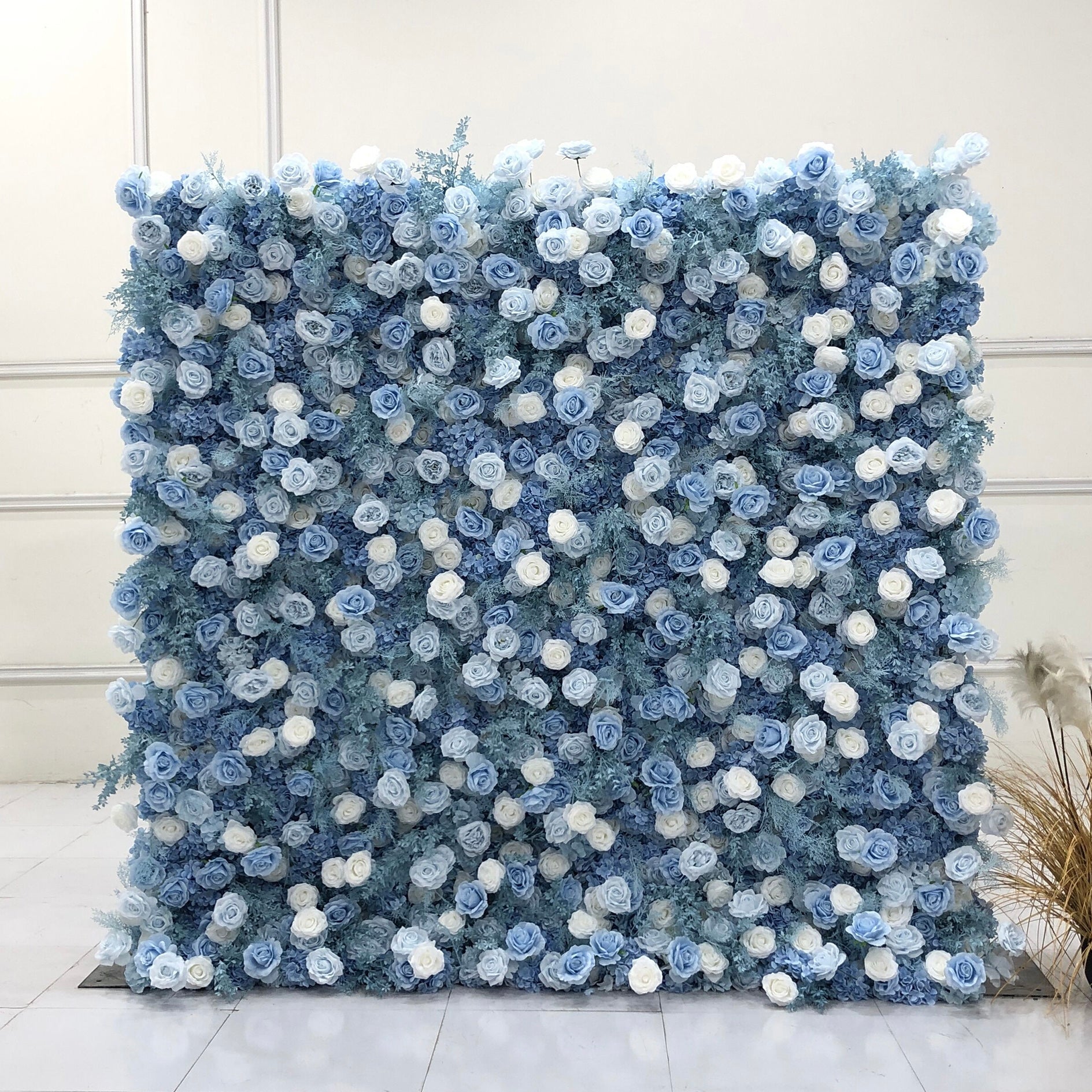 Beda Flower 5D Cream Blue Rose Blue Leaves Roll Up Silk Flower Wall Panel Wedding Event Backdrop Decor