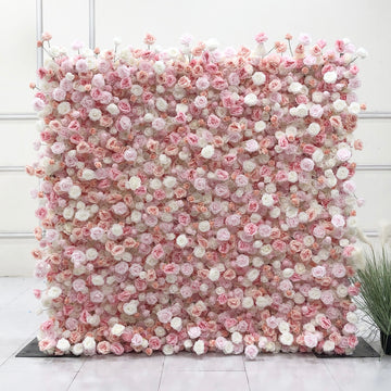 Beda Flower 7D Pink White Rose Roll Up Silk Flower Wall Panel Wedding Event Backdrop Decor