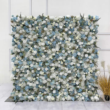 Beda Flower 5D White Cream Rose Blue White Hydrangeas Chrysanthemum Greenery Roll Up Silk Flower Wall Panel Wedding Event Backdrop Decor