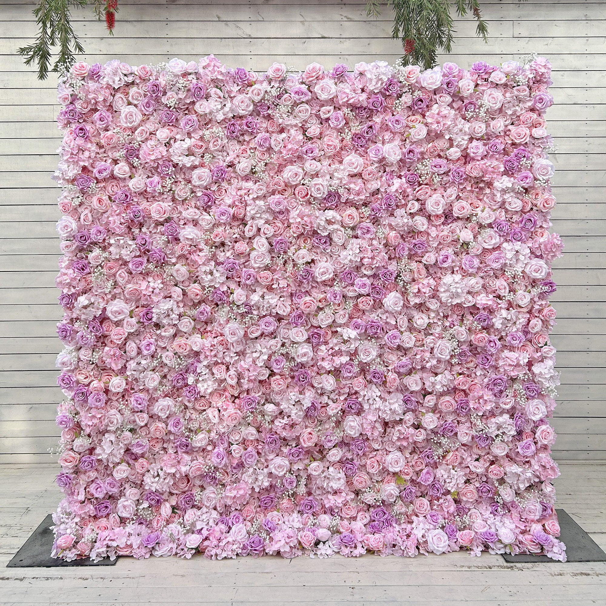 Beda Flower 3D Pink Purple Rose Pink Hydrangeas White Baby Breath Roll Up Silk Flower Wall Panel Wedding Event Backdrop Decor