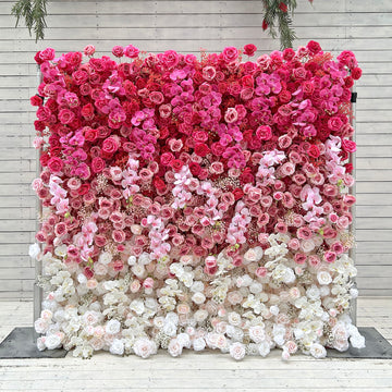 Beda Flower 7D Gradient Color Pink White Rose Phalaenopsis White Baby Breath Roll Up Silk Flower Wall Panel Wedding Event Backdrop Decor