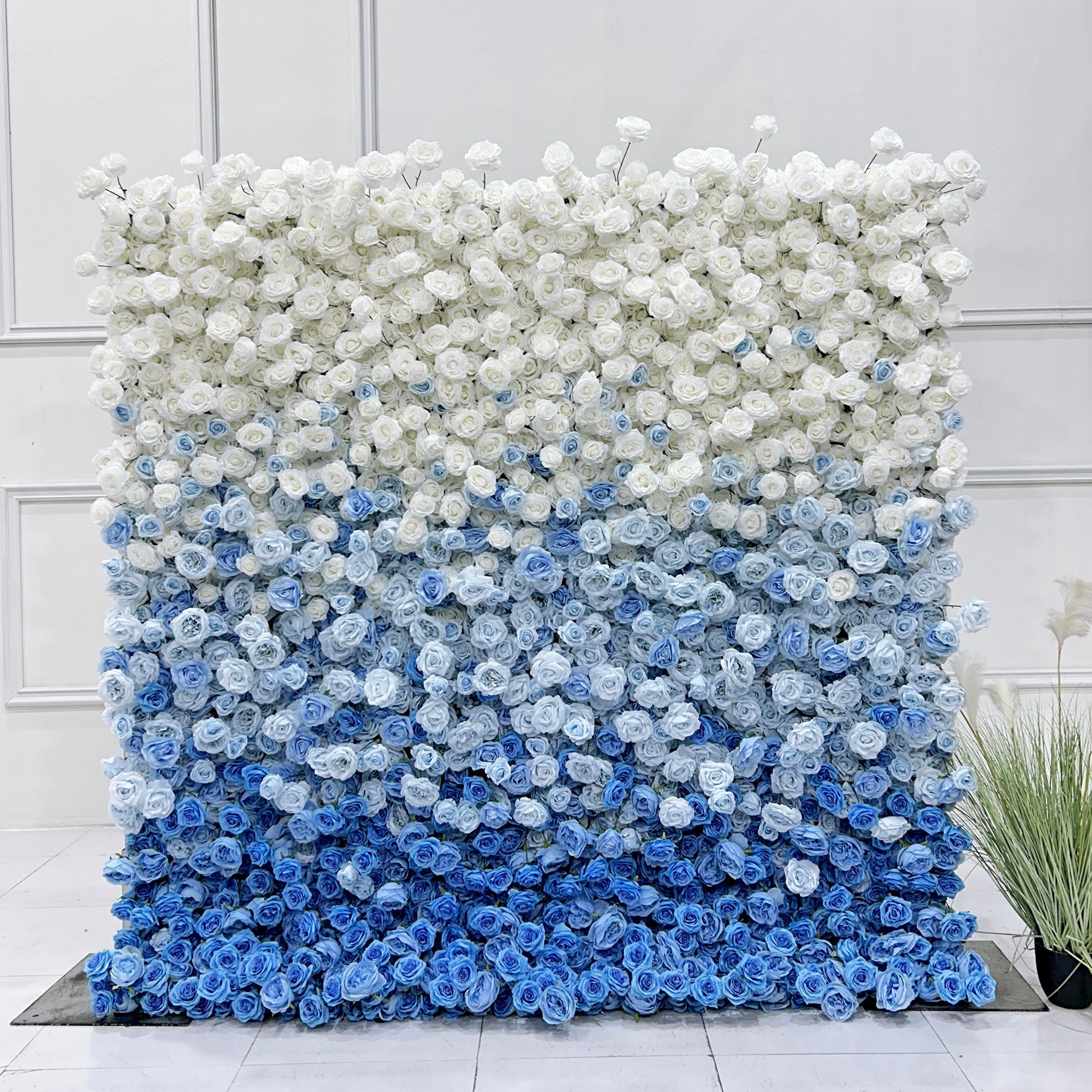 Beda Flower 7D Gradient Color White and Blue Rose Roll Up Silk Flower Wall Panel Wedding Event Backdrop Decor